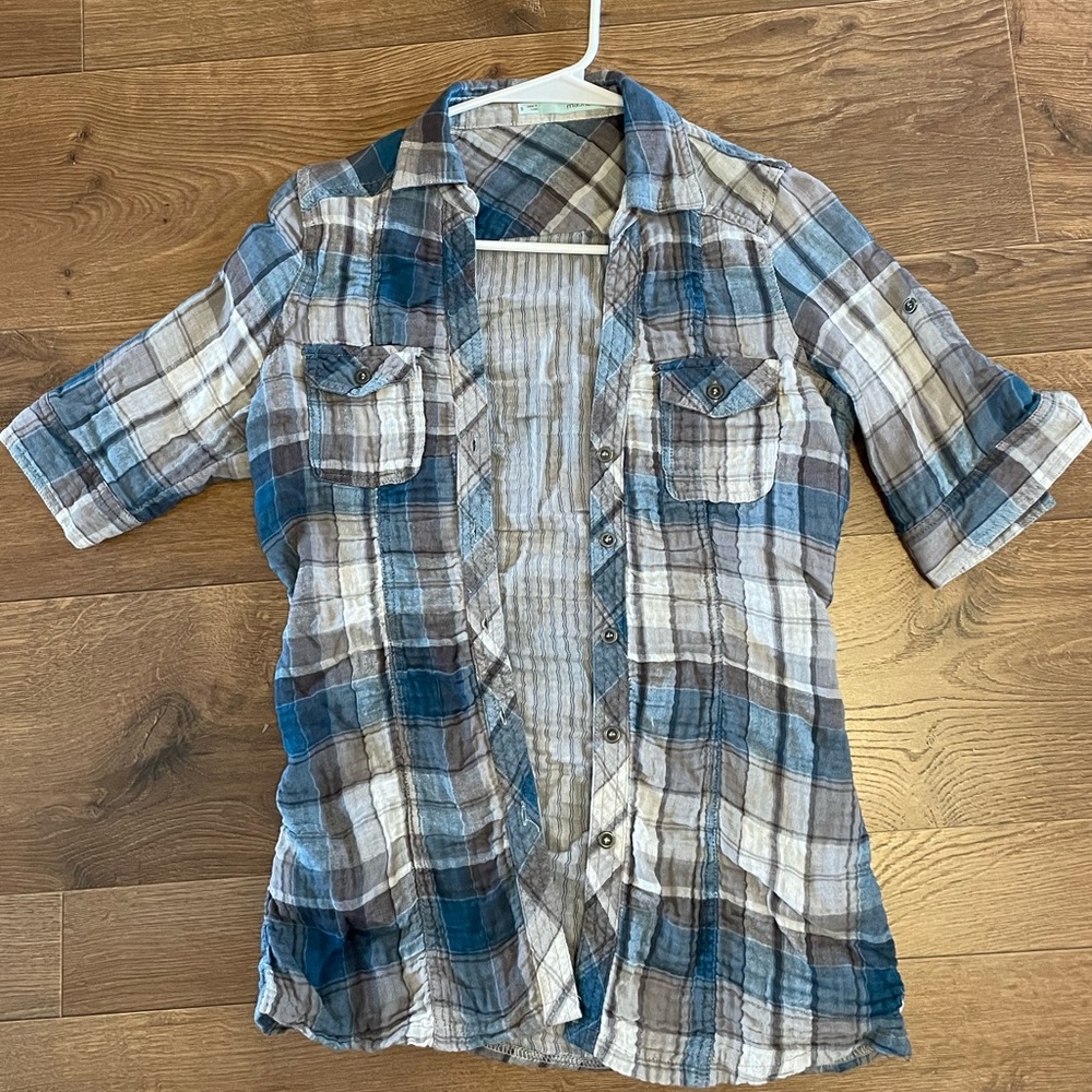 Maurices Blue Gray Brown Plaid Button-Down Shirt